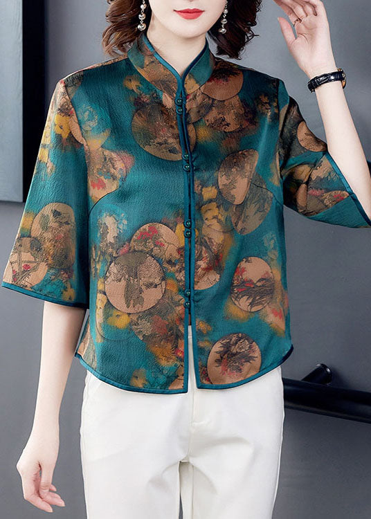 Bohemian Green Print Patchwork Stand Collar Silk Blouse Summer Top