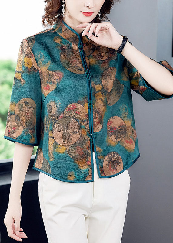 Bohemian Green Print Patchwork Stand Collar Silk Blouse Summer Top