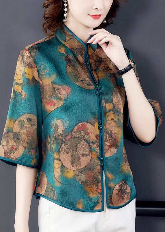 Bohemian Green Print Patchwork Stand Collar Silk Blouse Summer Top