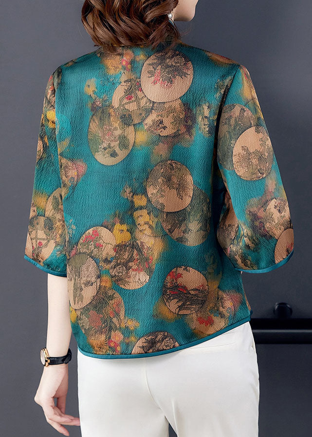 Bohemian Green Print Patchwork Stand Collar Silk Blouse Summer Top