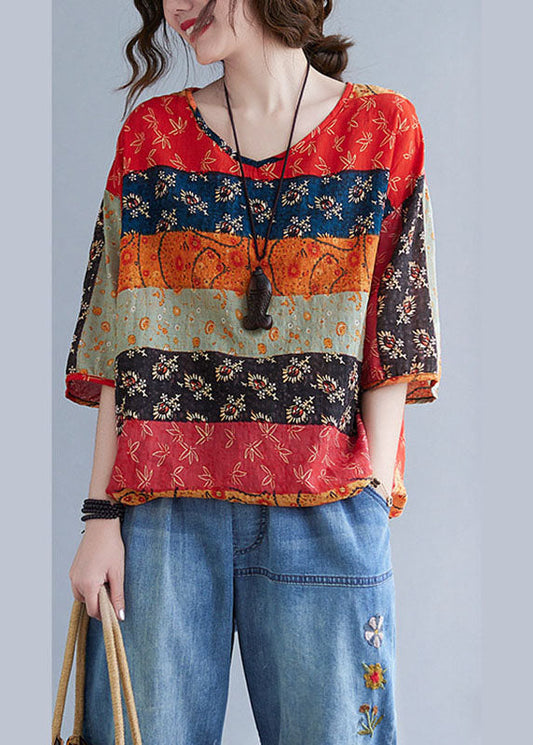 Boho Print Patchwork V-Neck Loose Drawstring Fall Blouse Half Sleeves