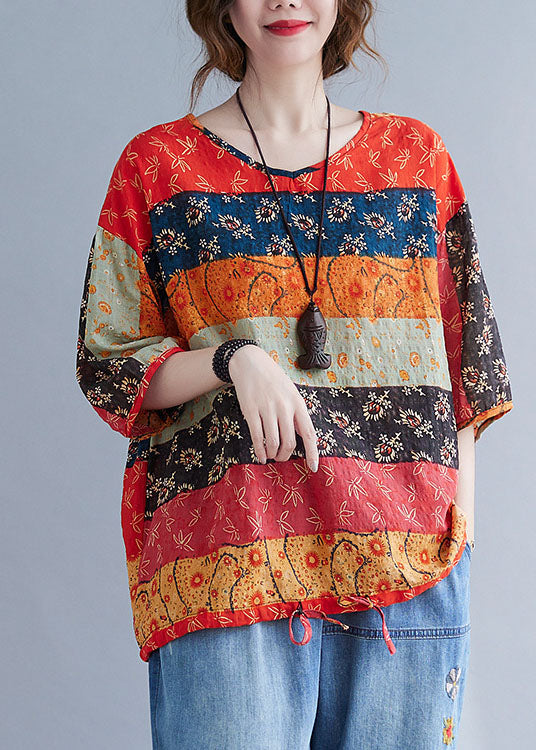 Boho Print Patchwork V-Neck Loose Drawstring Fall Blouse Half Sleeves