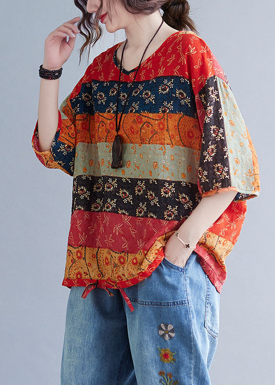 Boho Print Patchwork V-Neck Loose Drawstring Fall Blouse Half Sleeves