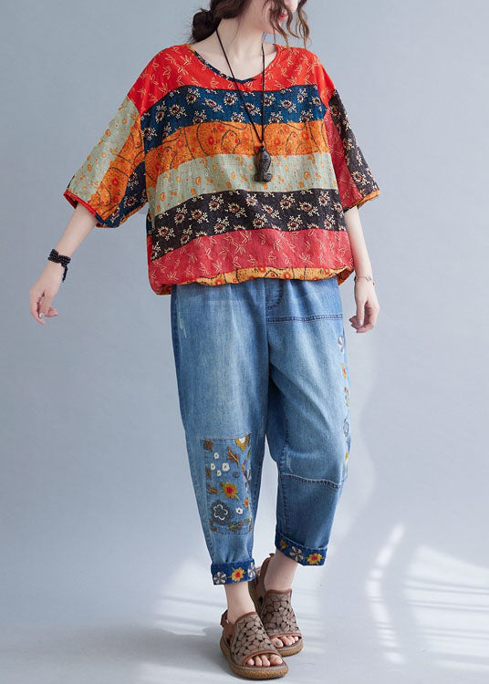 Boho Print Patchwork V-Neck Loose Drawstring Fall Blouse Half Sleeves