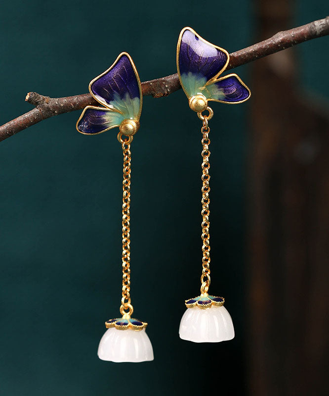 Boho Purple Ancient Gold Enamel Jade Butterfly Drop Earrings