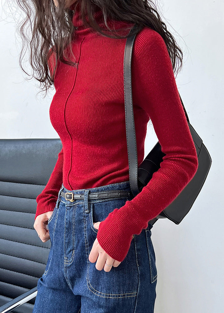 Boho Red Turtleneck Cotton Knit Sweaters Fall