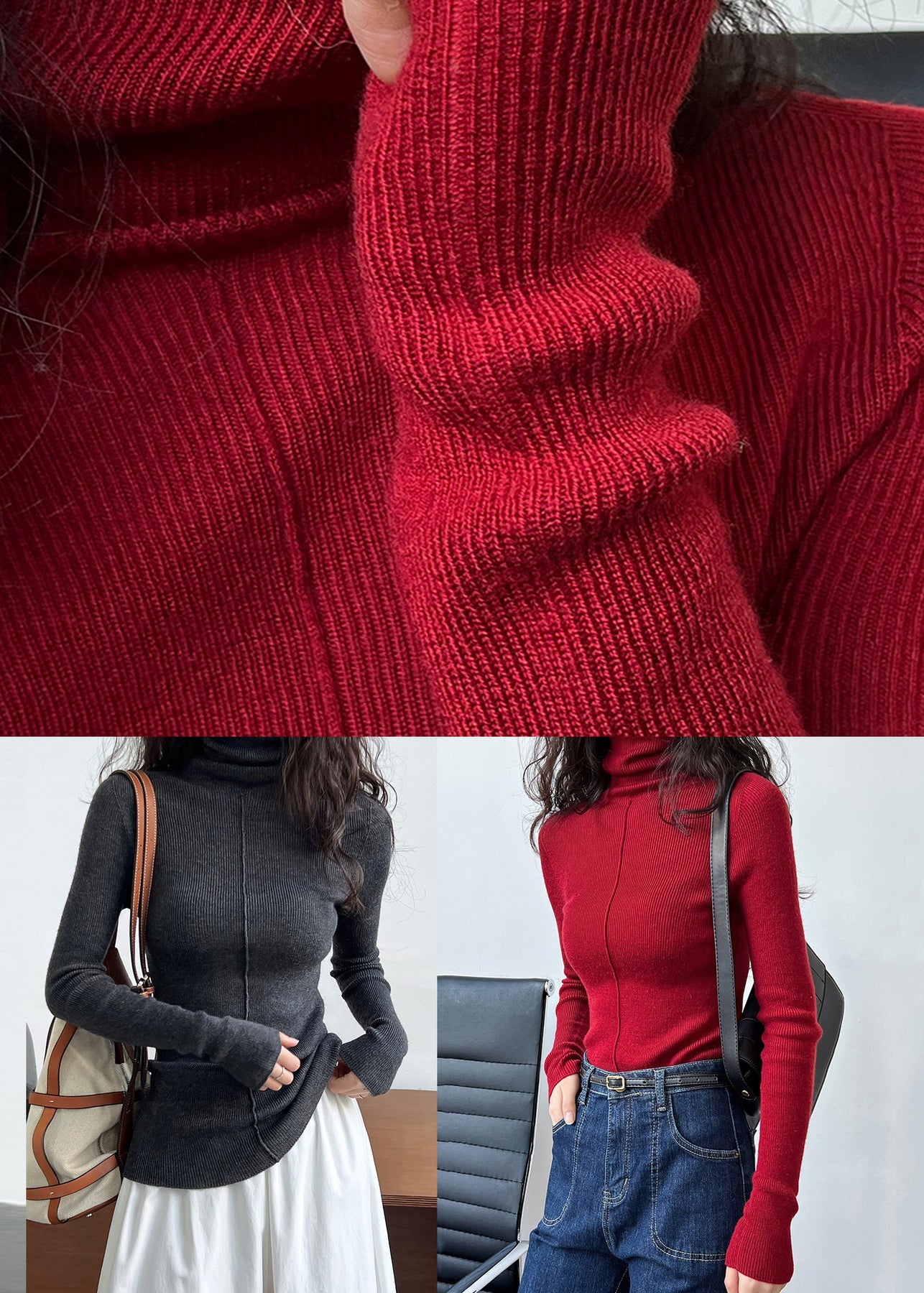 Boho Red Turtleneck Cotton Knit Sweaters Fall