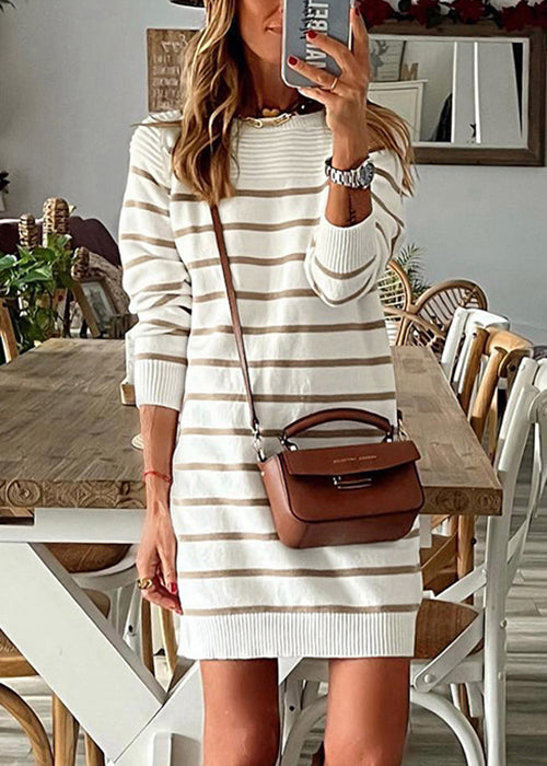 Boho Striped O Neck Cozy Knit Mid Dress Fall