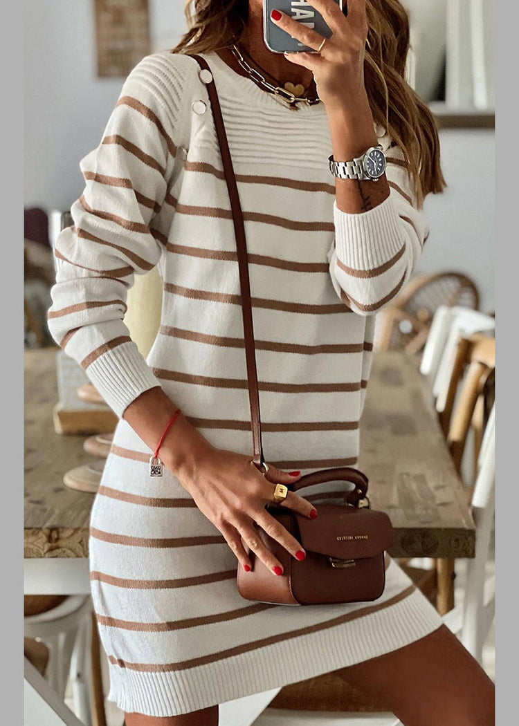 Boho Striped O Neck Cozy Knit Mid Dress Fall