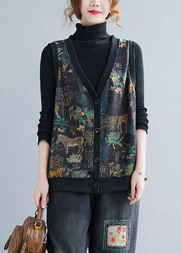 Boho V Neck Print Button Warm Fleece Waistcoat Winter