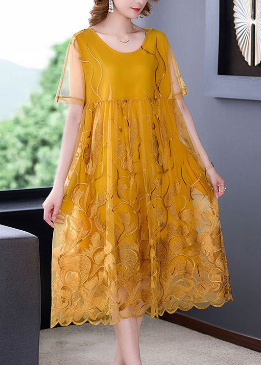 Boho Yellow Cutout Embroidered Tulle Dress Summer