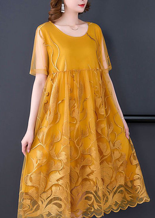 Boho Yellow Cutout Embroidered Tulle Dress Summer