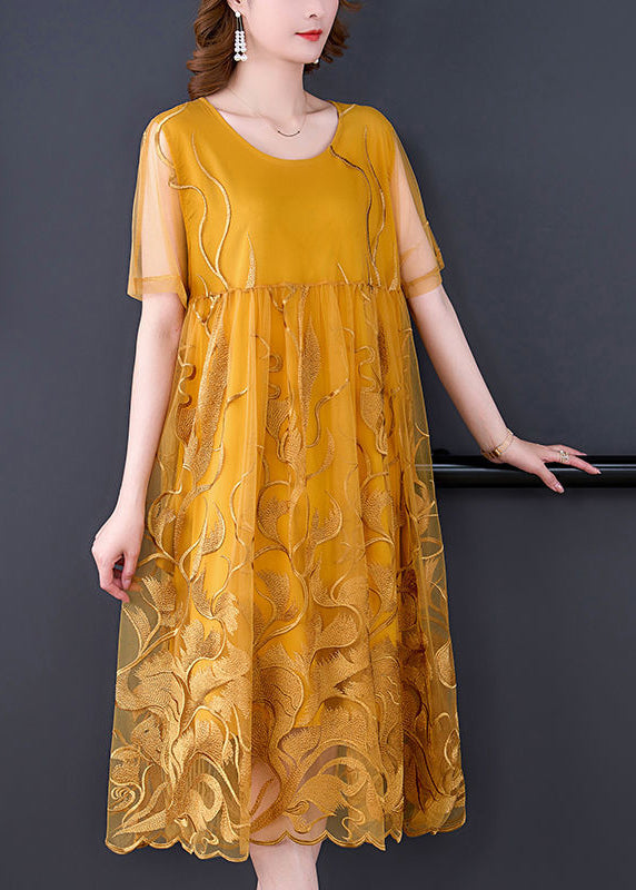 Boho Yellow Cutout Embroidered Tulle Dress Summer