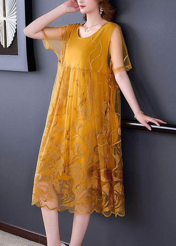 Boho Yellow Cutout Embroidered Tulle Dress Summer