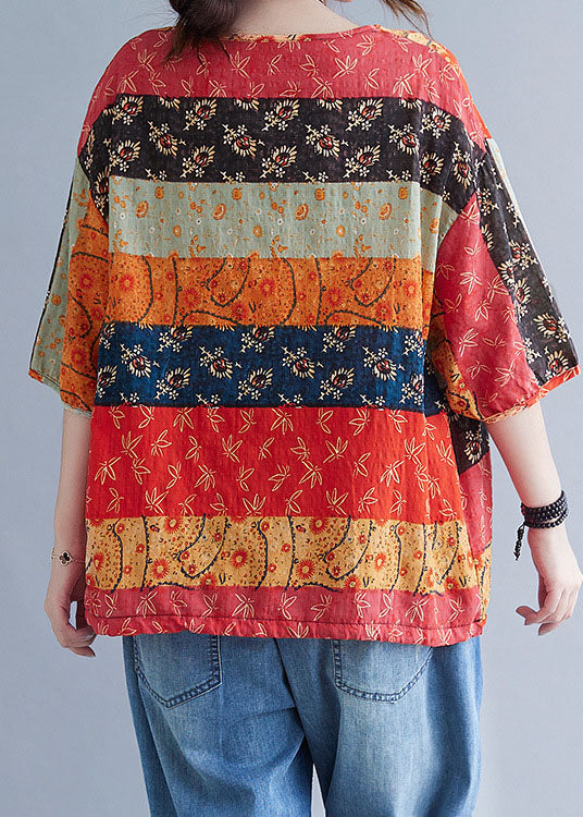 Boho Print Patchwork V-Neck Loose Drawstring Fall Blouse Half Sleeves