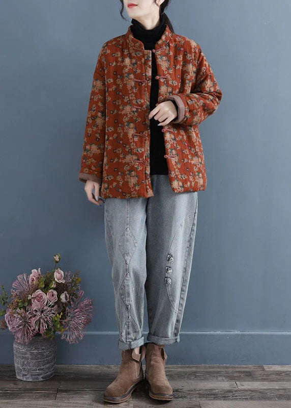 Boho Red Stand Collar Print Oriental Button Fine Cotton Filled Jacket In Winter