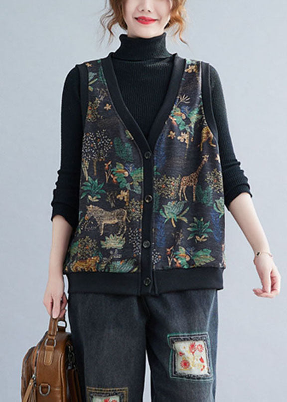 Boho V Neck Print Button Warm Fleece Waistcoat Winter