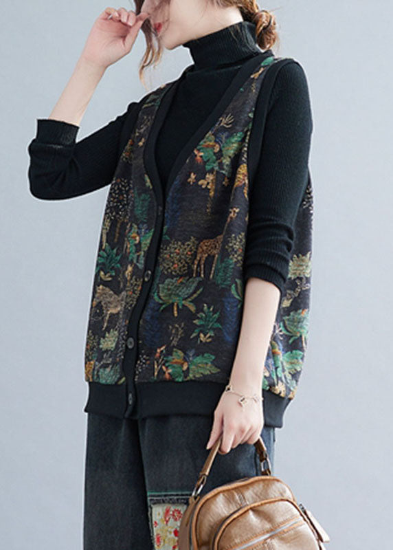 Boho V Neck Print Button Warm Fleece Waistcoat Winter