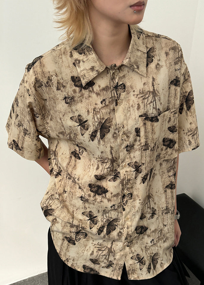 Boutique Apricot Butterfly Print Mens Shirts Summer