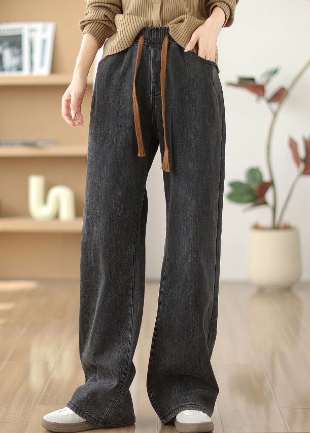 Boutique Black Grey Pockets Elastic Waist Warm Fleece Denim Straight Pants Winter