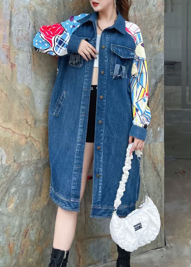 Boutique Blue Pocket Print Stitching Peter Pan Collar Long Denim Coat Spring