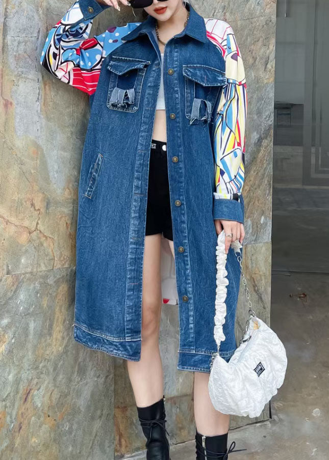 Boutique Blue Pocket Print Stitching Peter Pan Collar Long Denim Coat Spring