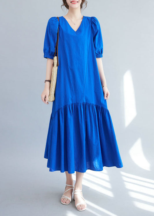 V Neck Blue Ruffle Patchwork Silk Long Dress Summer