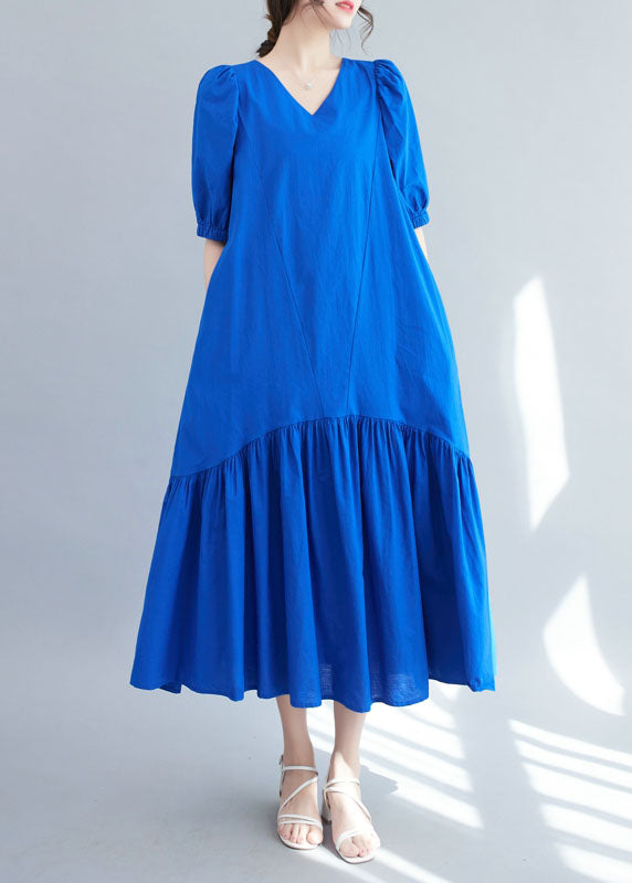 V Neck Blue Ruffle Patchwork Silk Long Dress Summer