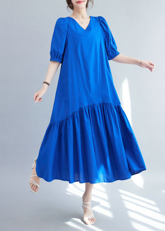 V Neck Blue Ruffle Patchwork Silk Long Dress Summer