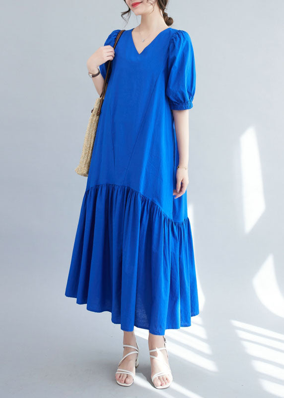 V Neck Blue Ruffle Patchwork Silk Long Dress Summer