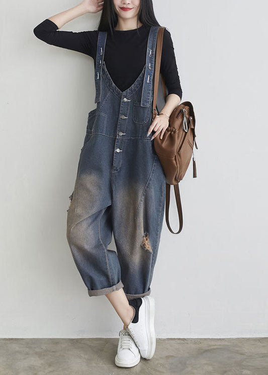 Boutique Patchwork Distressed Dark Blue Denim Jumpsuit Spring