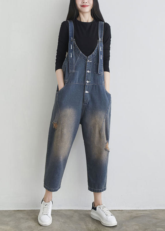 Boutique Patchwork Distressed Dark Blue Denim Jumpsuit Spring