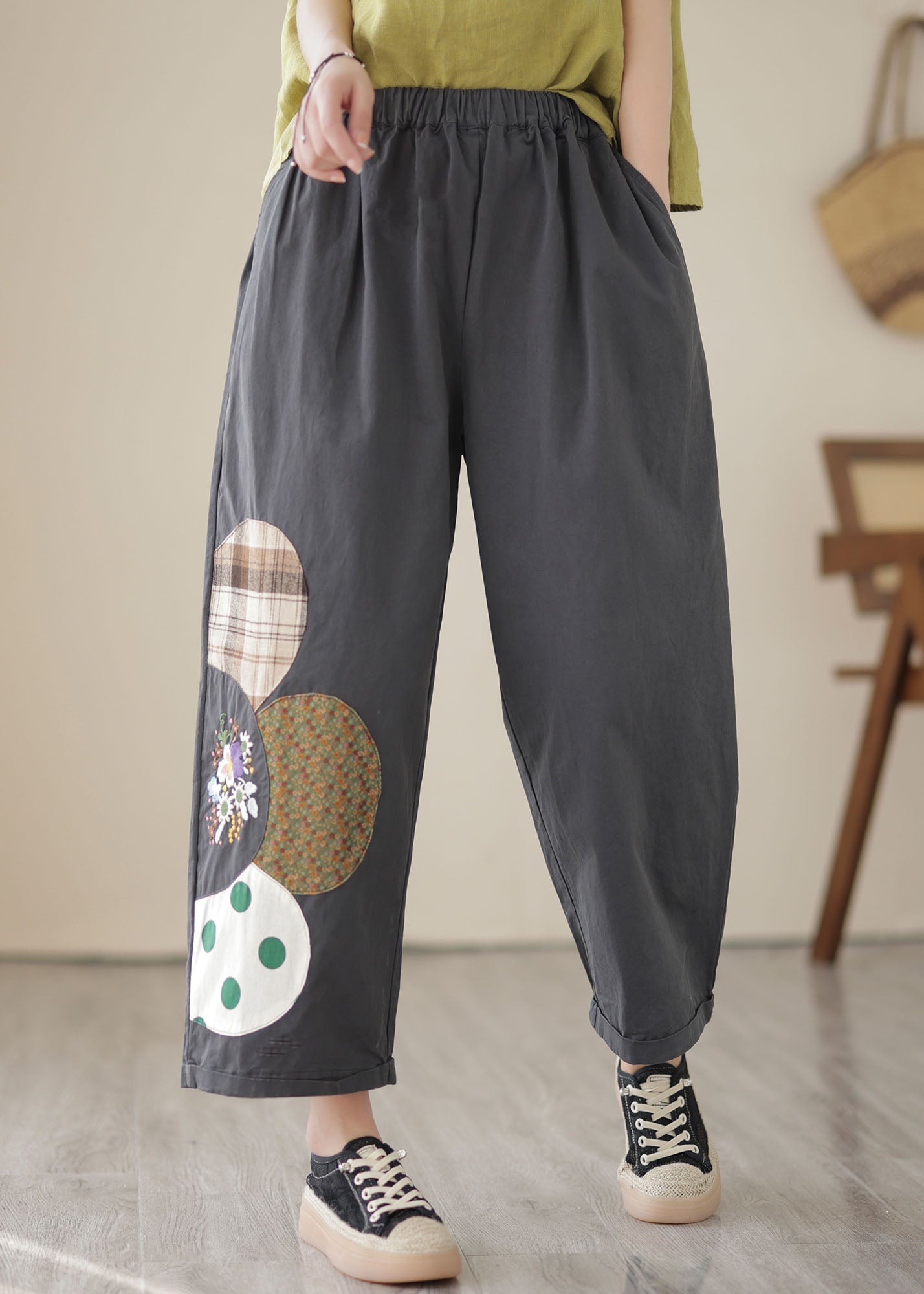 Dark Grey Pockets Patchwork Embroideried Cotton Straight Crop Pants Summer