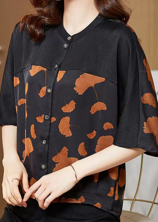 O-neck Ginkgo Leaf Print Patchwork Silk Shirt Summer