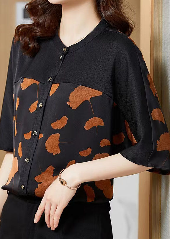 O-neck Ginkgo Leaf Print Patchwork Silk Shirt Summer