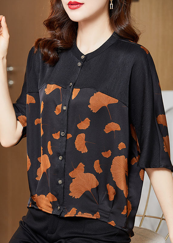 O-neck Ginkgo Leaf Print Patchwork Silk Shirt Summer