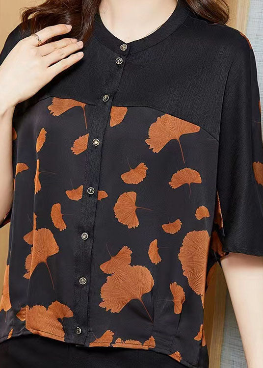 O-neck Ginkgo Leaf Print Patchwork Silk Shirt Summer