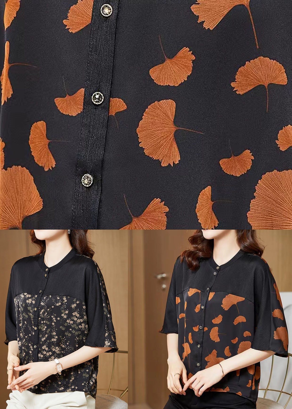 O-neck Ginkgo Leaf Print Patchwork Silk Shirt Summer