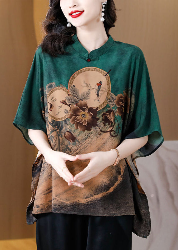 Green Printed Silk Oversized Dolman Sleeve Top Shirt