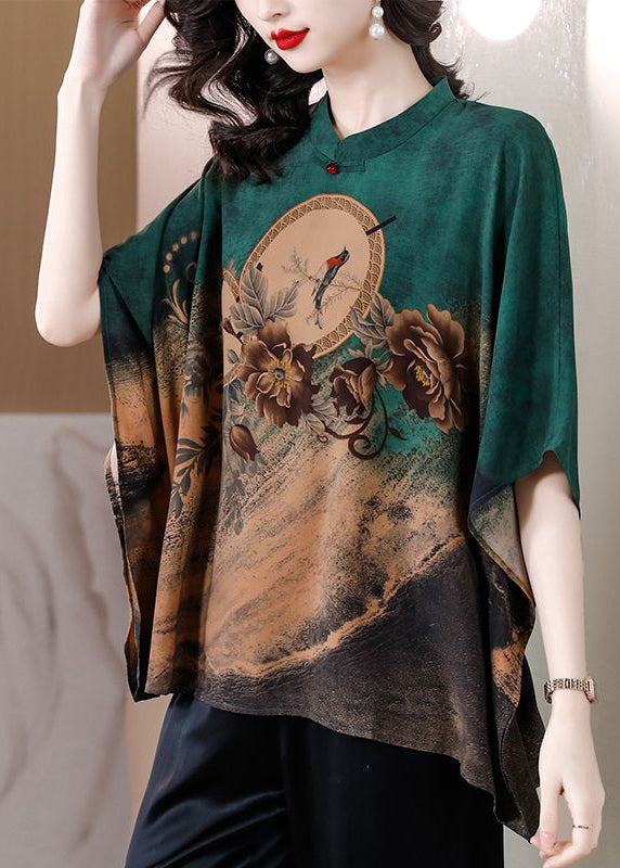 Green Printed Silk Oversized Dolman Sleeve Top Shirt