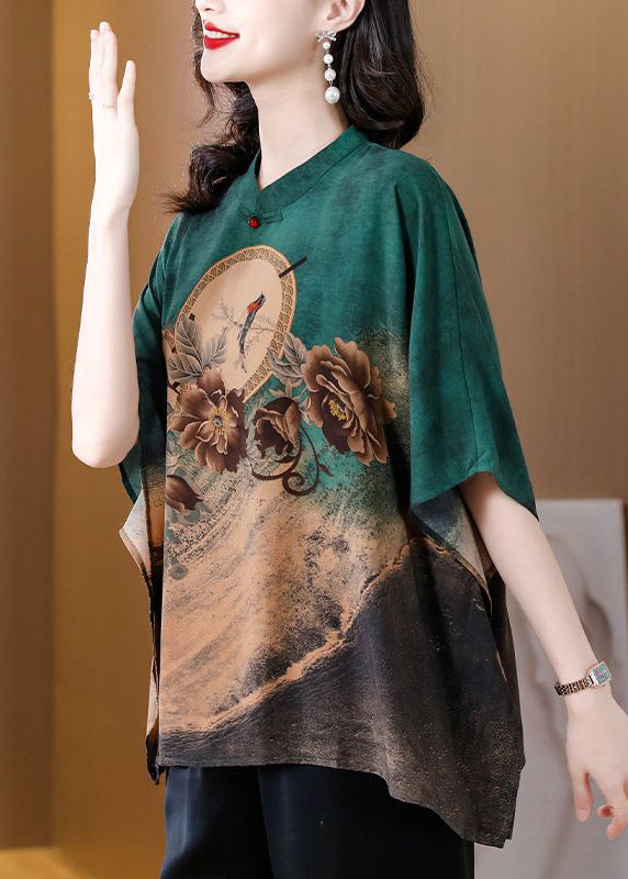 Green Printed Silk Oversized Dolman Sleeve Top Shirt