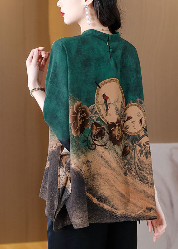 Green Printed Silk Oversized Dolman Sleeve Top Shirt