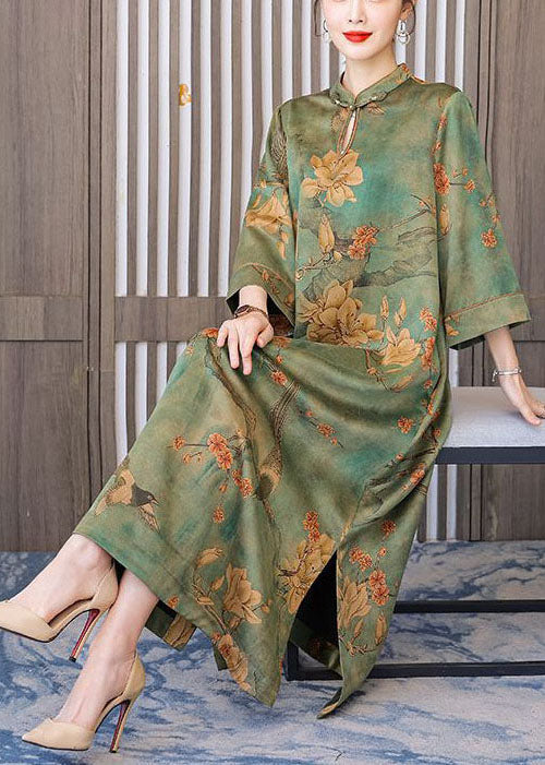 Green Printed Chinese Button Silk Bracelet Sleeve Long Dress