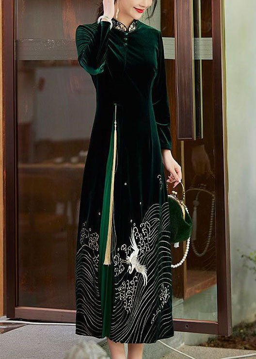 Boutique Patchwork Tasseled Embroideried Velour Green Dresses Spring