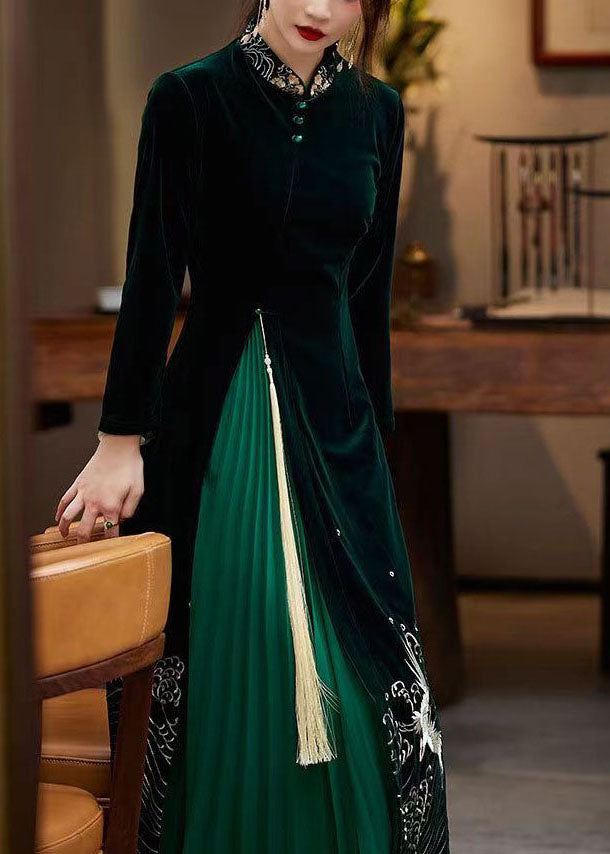 Boutique Patchwork Tasseled Embroideried Velour Green Dresses Spring