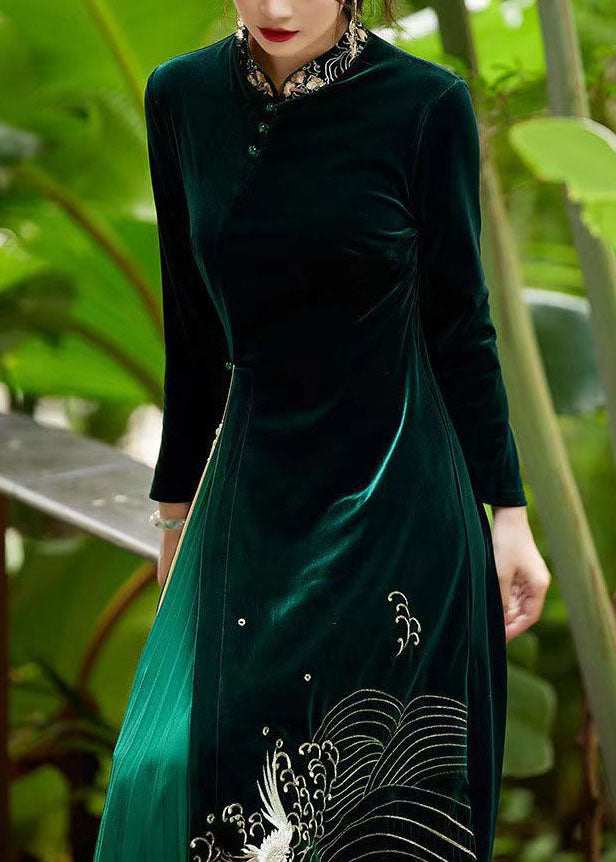 Boutique Patchwork Tasseled Embroideried Velour Green Dresses Spring