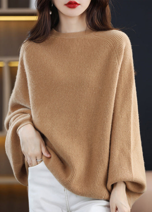 Boutique Khaki O Neck Woolen Sweaters Batwing Sleeve