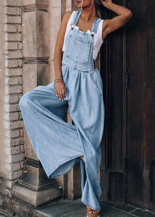 Boutique Patchwork Light Blue Denim Overalls Summer Jumpsuit