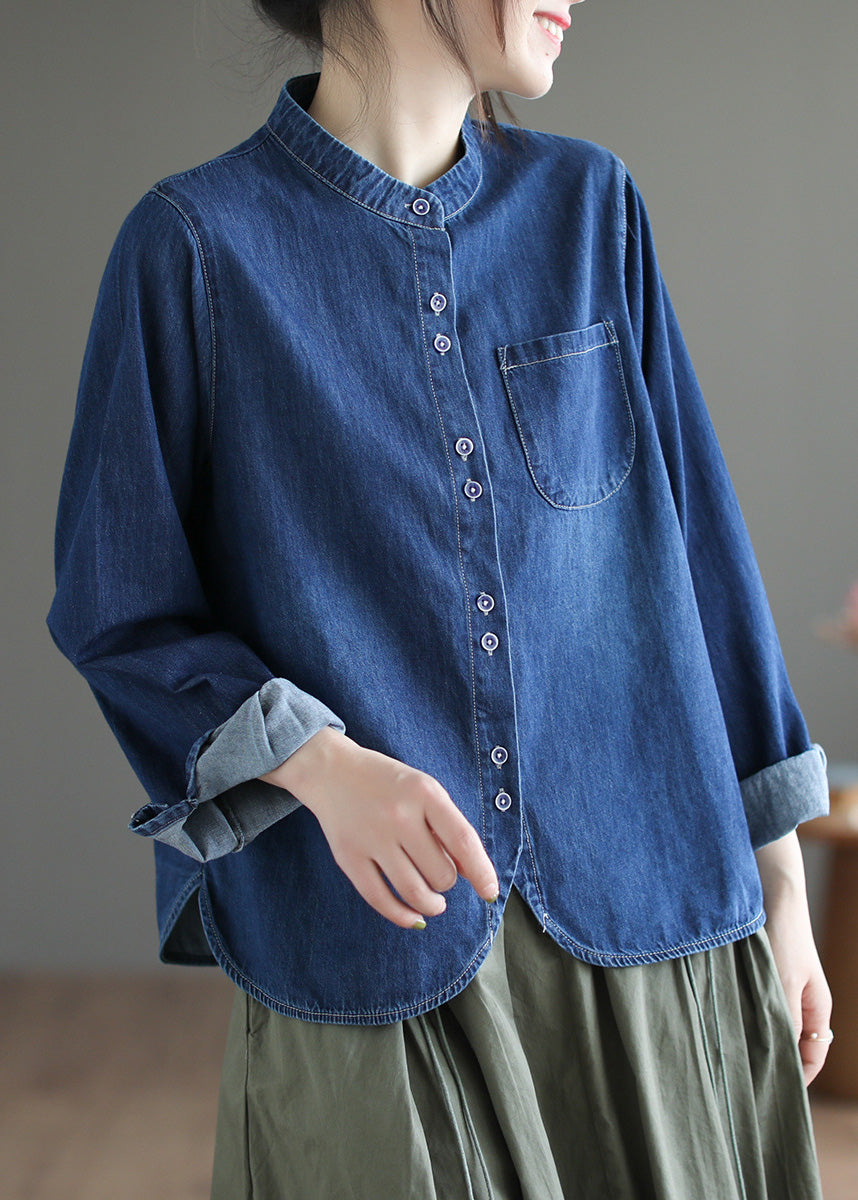 O-Neck Navy Patchwork Asymmetric Button Denim Shirt Spring