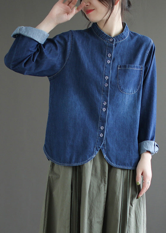 O-Neck Navy Patchwork Asymmetric Button Denim Shirt Spring